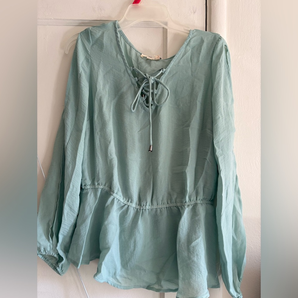 Entro Mint Green Blue Lace-Up Top